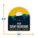 Great Smoky Mountains National Park patch featuring a bear silhouette, mountains, and a yellow sun, measuring 2.5 by 2.75 ...