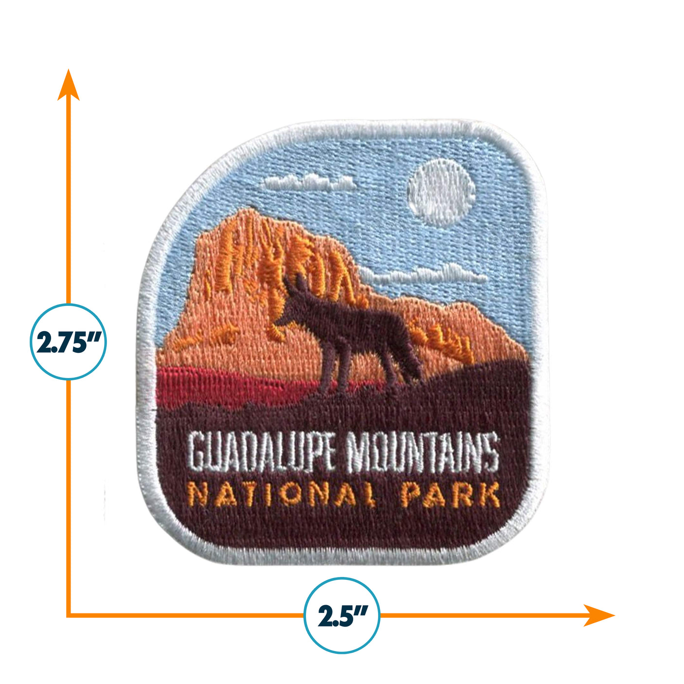 Guadalupe Mountains National Park patch featuring a coyote silhouette, mountains, and sun, measuring 2.5 inches by 2.75 in...