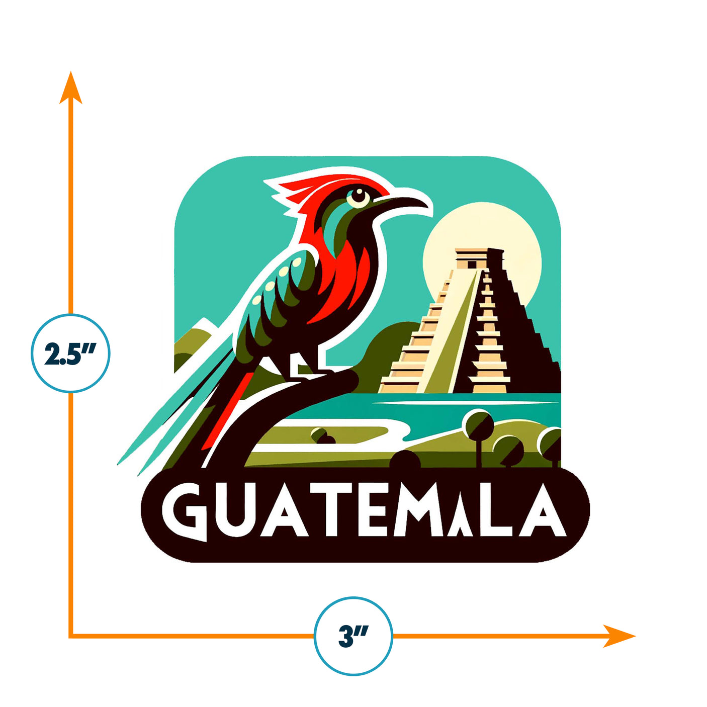 Guatemala sticker featuring a colorful quetzal bird and a Mayan pyramid against a scenic background.