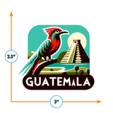 Guatemala sticker featuring a colorful quetzal bird and a Mayan pyramid against a scenic background.