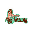 Hawaii hula girl sticker featuring a dancer in a grass skirt with the word "Hawaii" in green and brown colors.