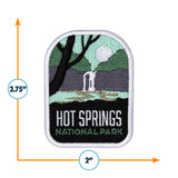 Hot Springs National Park patch featuring a landscape with trees, water, and a moon, measuring 2.75 by 2 inches.