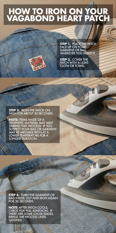 Instructions for ironing on the Monaco patch, showing an iron, denim fabric, and step-by-step guidance.