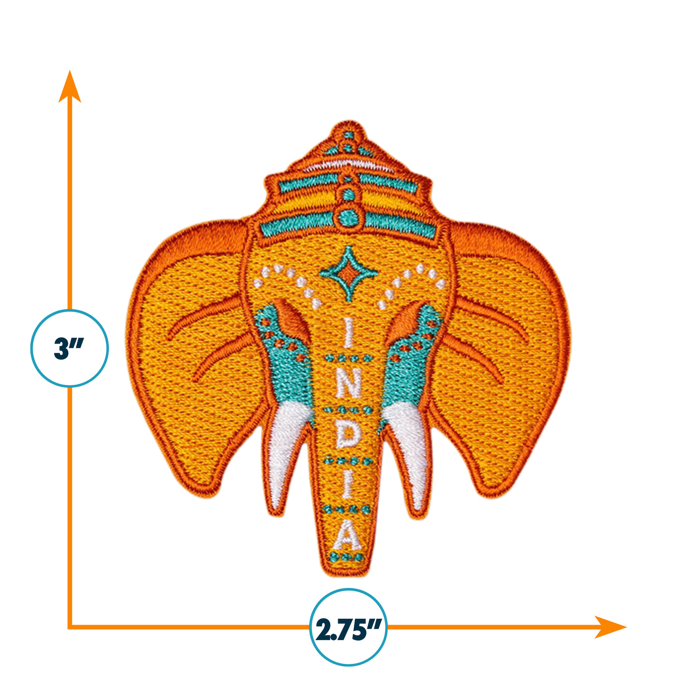 India patch featuring an orange elephant design with turquoise accents, measuring 3 inches by 2.75 inches.
