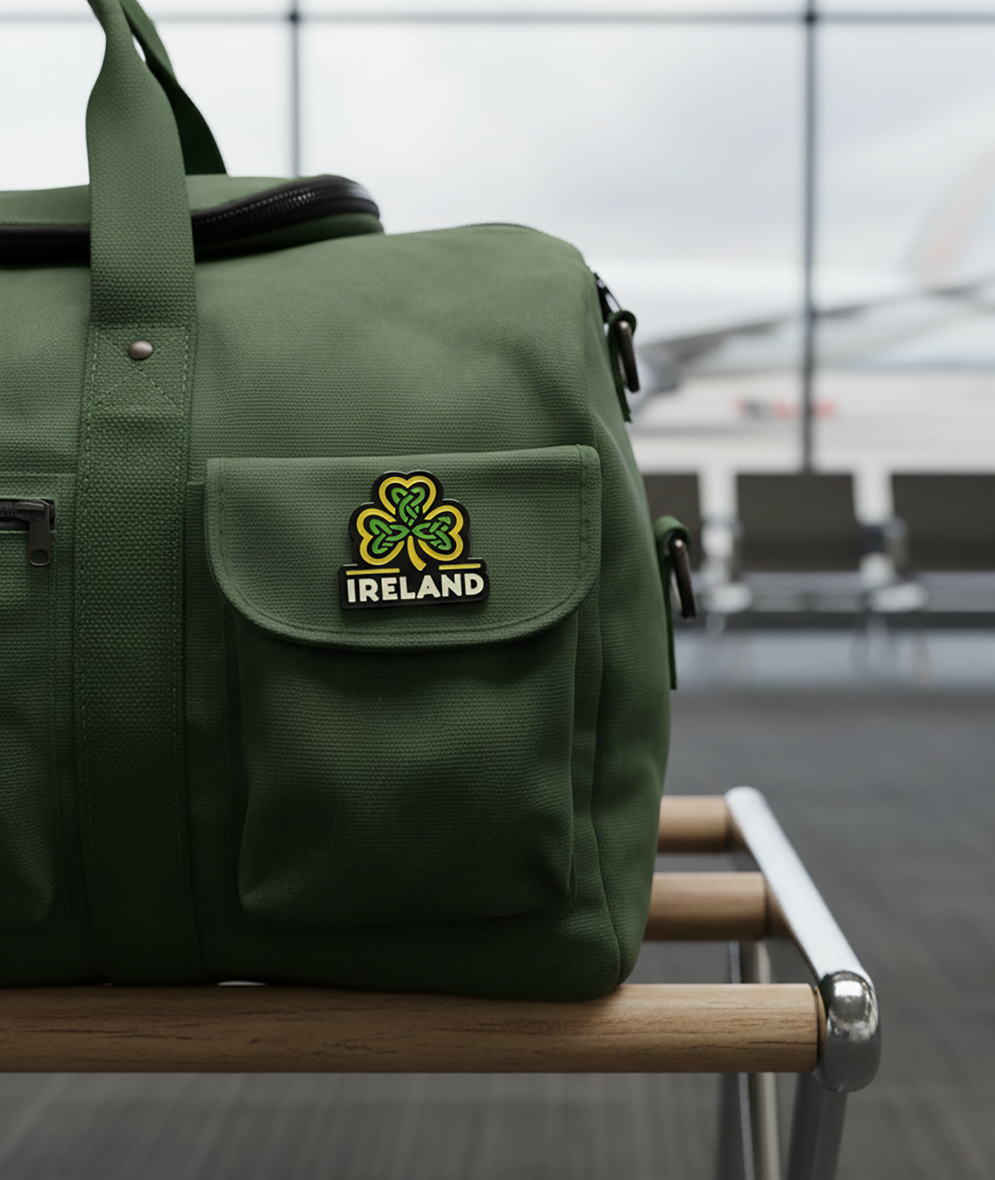 Ireland enamel pin featuring a green shamrock design, attached to a green travel bag with a front pocket.