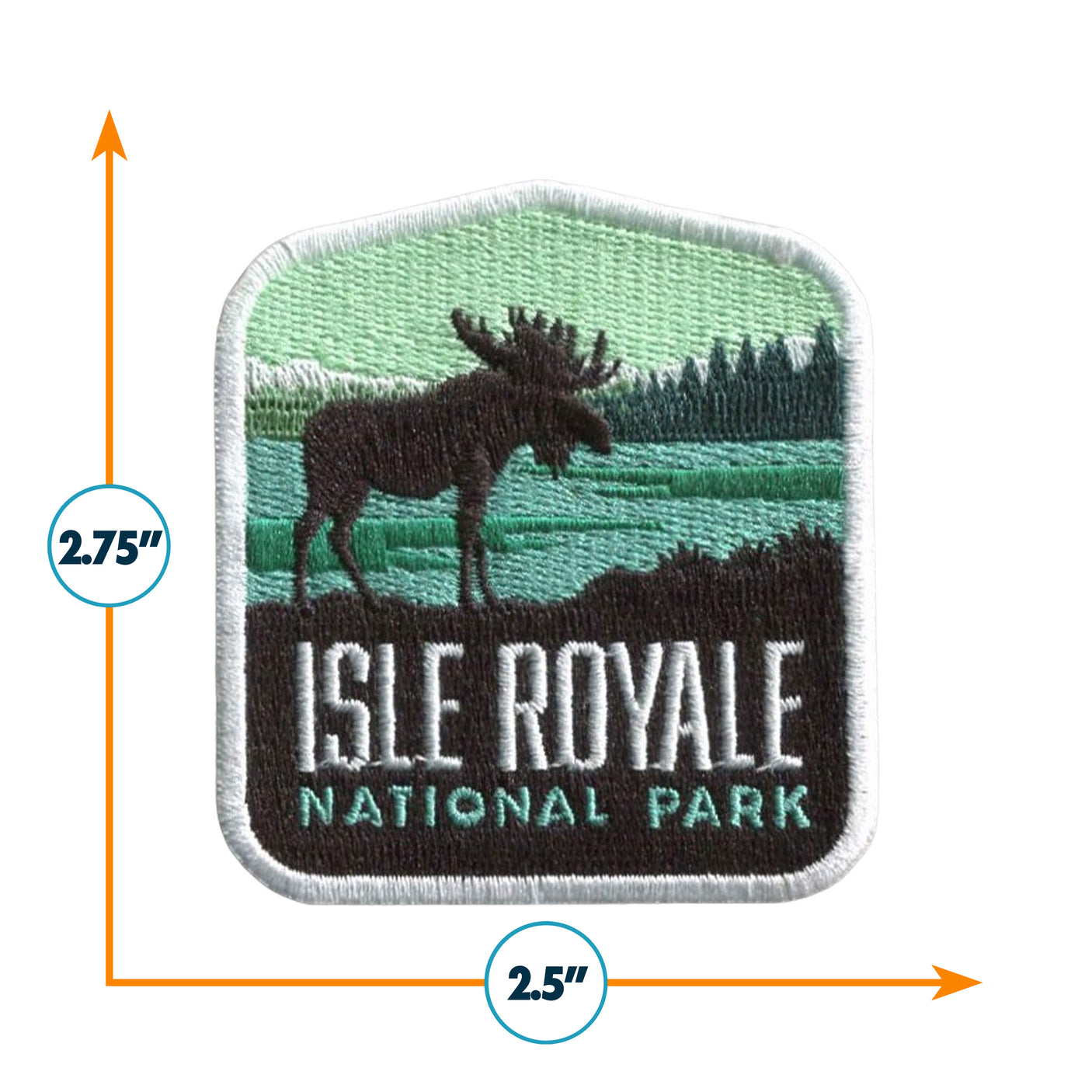 Isle Royale National Park patch featuring a moose silhouette against a green and blue landscape, measuring 2.75 by 2.5 inc...