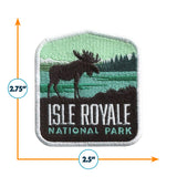 Isle Royale National Park patch featuring a moose silhouette against a green and blue landscape, measuring 2.75 by 2.5 inc...