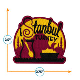 Istanbul Turkey patch featuring a colorful design with a pitcher and bowl, measuring 2.5 inches by 2.75 inches.