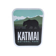 Katmai National Park sticker featuring a bear silhouette against mountains and trees, with a green and black color scheme.