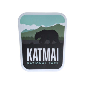 Katmai National Park sticker featuring a bear silhouette against mountains and trees, with a green and black color scheme.