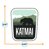 Katmai National Park sticker featuring a bear silhouette against mountains and trees, with dimensions 2.75" by 2.325".