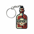 Kentucky keychain shaped like a whiskey bottle with bold red and yellow colors, featuring the word "KENTUCKY.