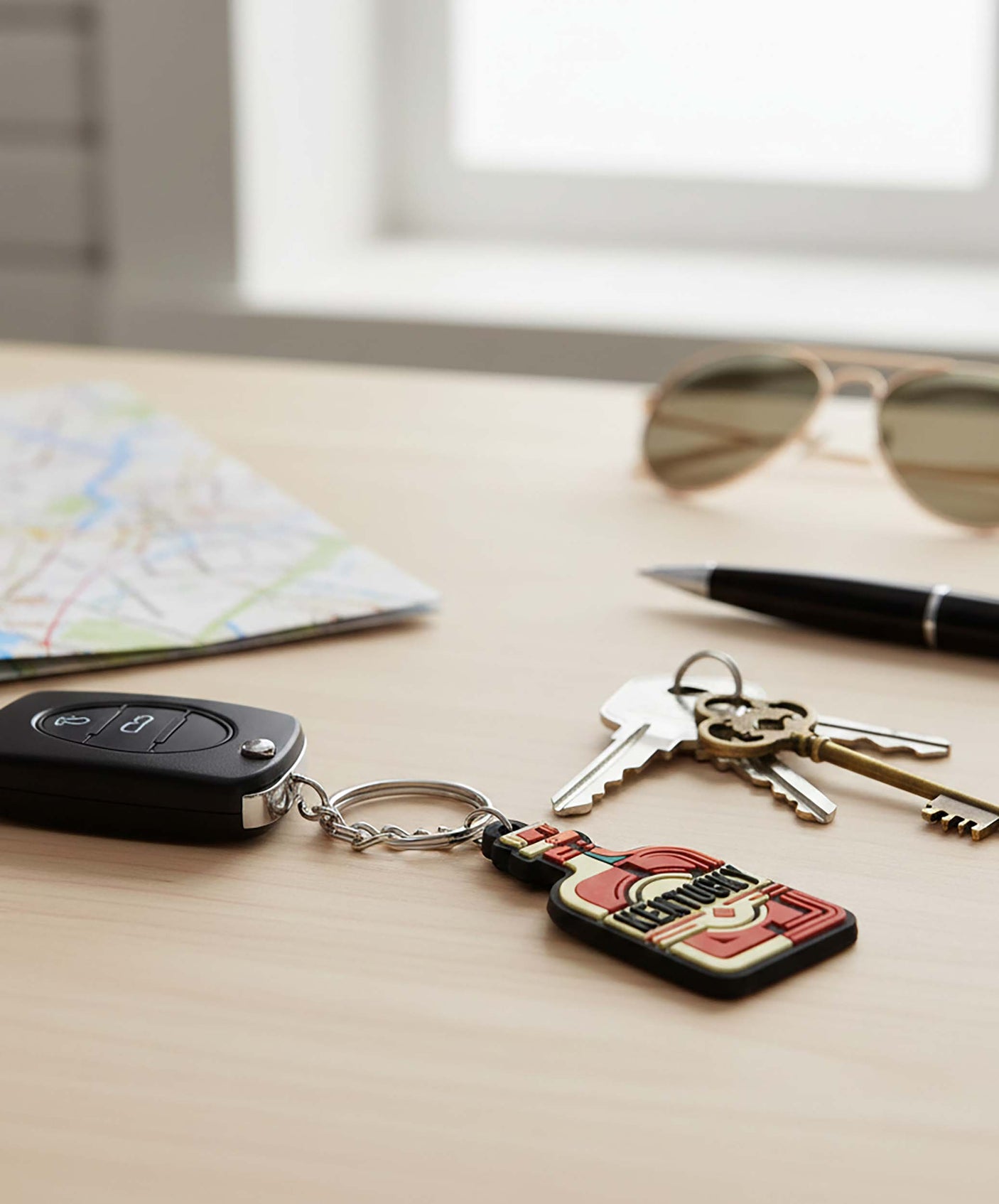 Kentucky keychain featuring a guitar design, attached to a keyring with car keys on a wooden surface.