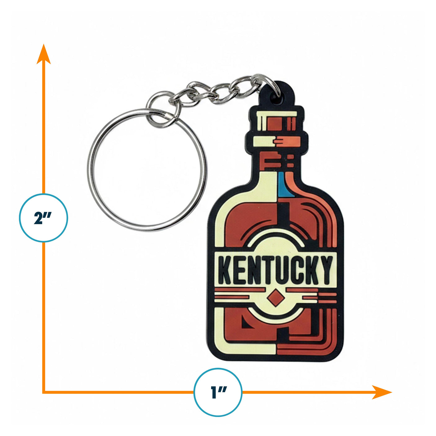 Kentucky keychain shaped like a whiskey bottle, featuring red and black colors, measuring 2 inches by 1 inch.