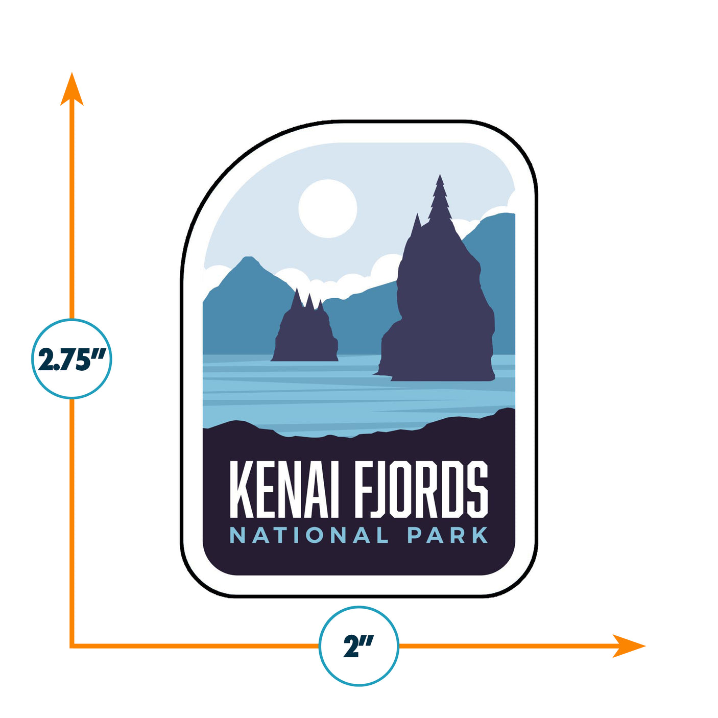 Kenai Fjords National Park sticker featuring mountains, water, and a sun in blue and black colors, measuring 2.75 by 2 inc...