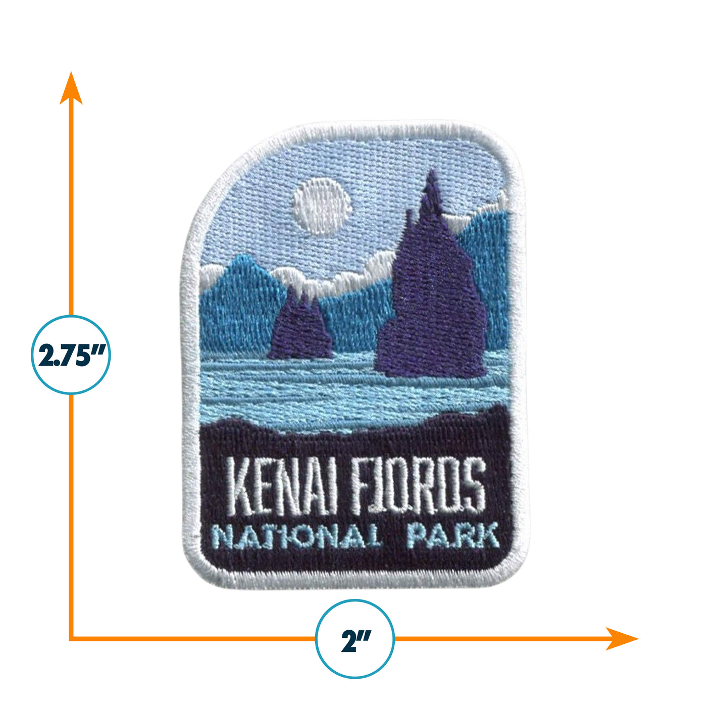 Kenai Fjords National Park patch featuring blue and purple mountains, water, and a moon, measuring 2.75 inches by 2 inches.