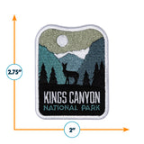 Kings Canyon National Park patch featuring mountains, a deer silhouette, and a sun, measuring 2.75 inches by 2 inches.