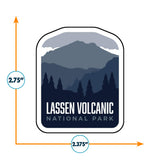 Lassen Volcanic National Park sticker featuring mountains, trees, and text in dark blue and gray colors.
