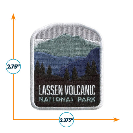 Lassen Volcanic National Park patch featuring mountains and trees in green and blue with white border.