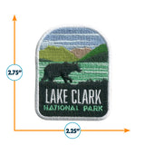 Lake Clark National Park patch featuring a bear, mountains, and water in green, blue, and gray colors. Measures 2.75 x 2.2...