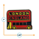 London England enamel pin featuring a red double-decker bus design with black and yellow accents, measuring 1.25 inches wide.