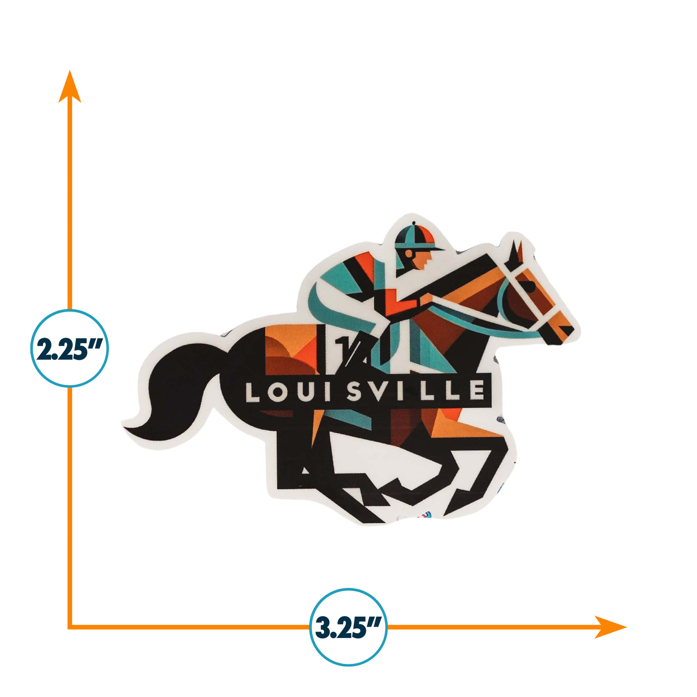 Louisville sticker featuring a horse and jockey in geometric colors, measuring 3.25 inches by 2.25 inches.