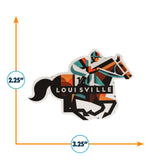 Louisville sticker featuring a horse and jockey in geometric colors, measuring 3.25 inches by 2.25 inches.
