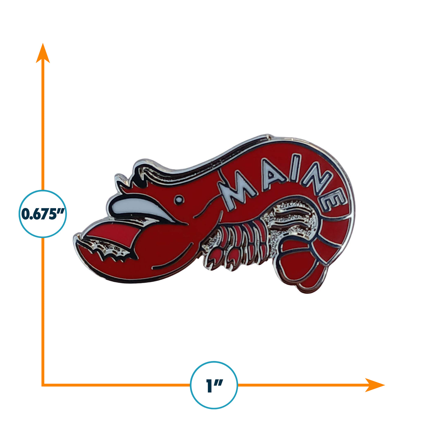 Maine enamel pin featuring a red lobster design, measuring 1 inch by 0.675 inches.