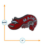 Maine enamel pin featuring a red lobster design, measuring 1 inch by 0.675 inches.