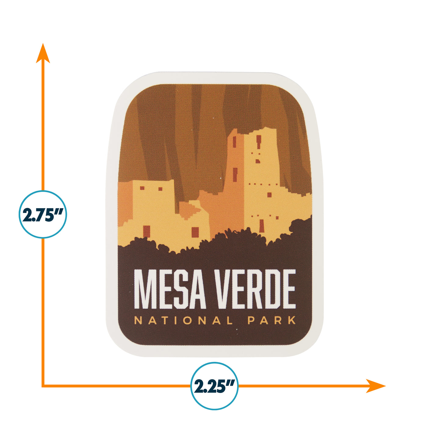 Mesa Verde National Park sticker featuring a brown and orange design with cliff dwellings and text below.
