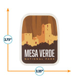 Mesa Verde National Park sticker featuring a brown and orange design with cliff dwellings and text below.