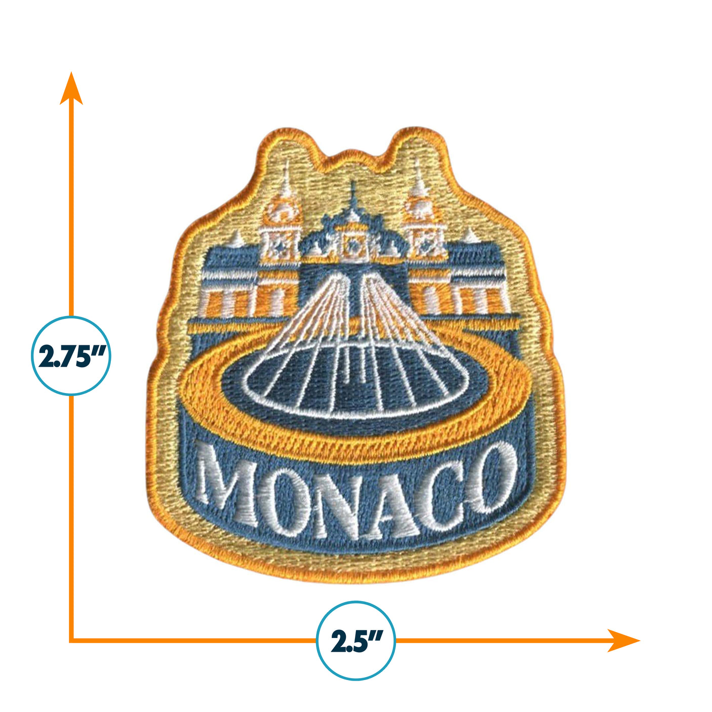 Monaco patch featuring a fountain design with gold, blue, and orange colors, measuring 2.75 inches by 2.5 inches.