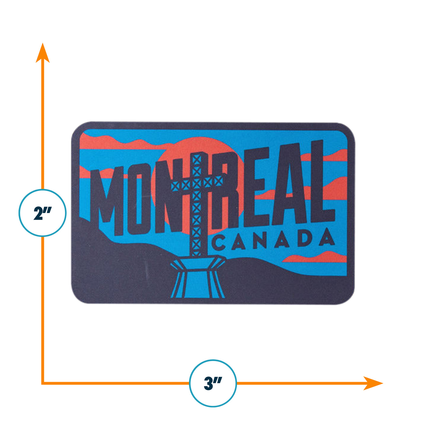 Montreal Quebec sticker featuring bold text and a graphic design with blue and red colors. Dimensions are 3 inches by 2 in...