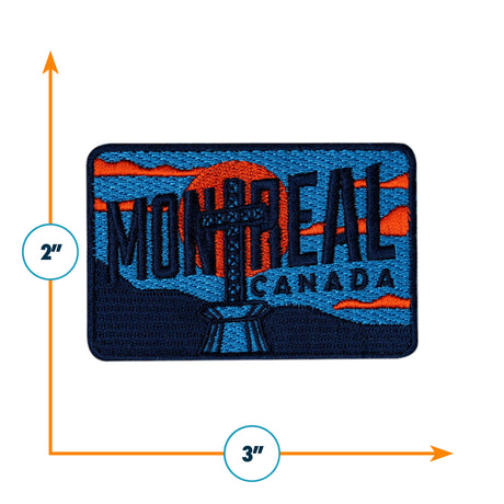 Montreal Quebec patch featuring bold lettering in blue, orange, and red with a skyline design, measuring 3x2 inches.