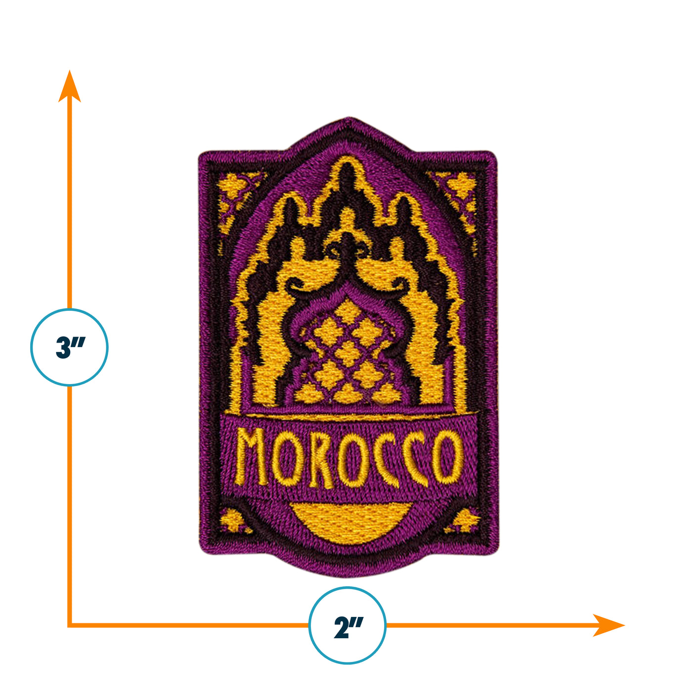 Morocco patch featuring ornate design in purple, gold, and black, measuring 3 inches by 2 inches.