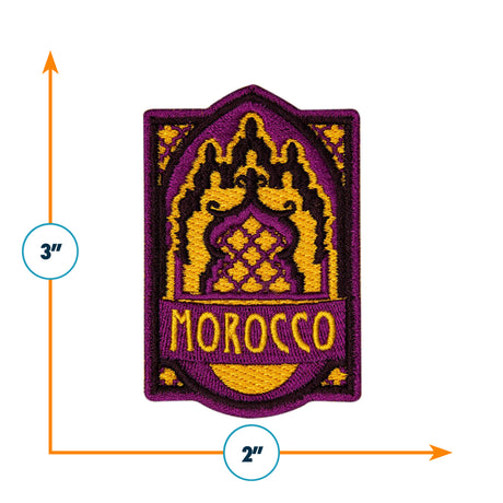 Morocco patch featuring ornate design in purple, gold, and black, measuring 3 inches by 2 inches.