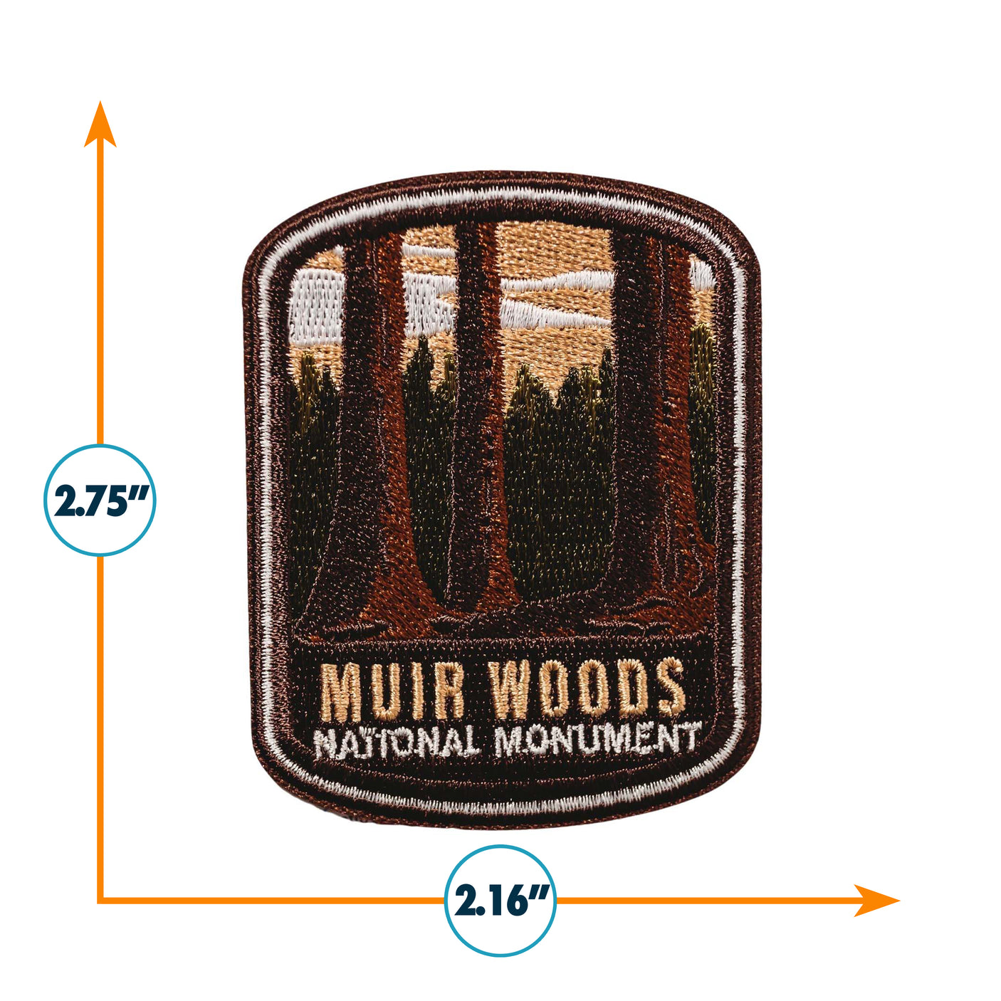 Muir Woods National Monument iron-on patch featuring tall trees and a sunset, measuring 2.75 inches by 2.16 inches.