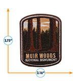 Muir Woods National Monument iron-on patch featuring tall trees and a sunset, measuring 2.75 inches by 2.16 inches.