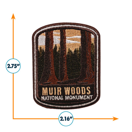 Muir Woods National Monument iron-on patch featuring tall trees and a sunset, measuring 2.75 inches by 2.16 inches.