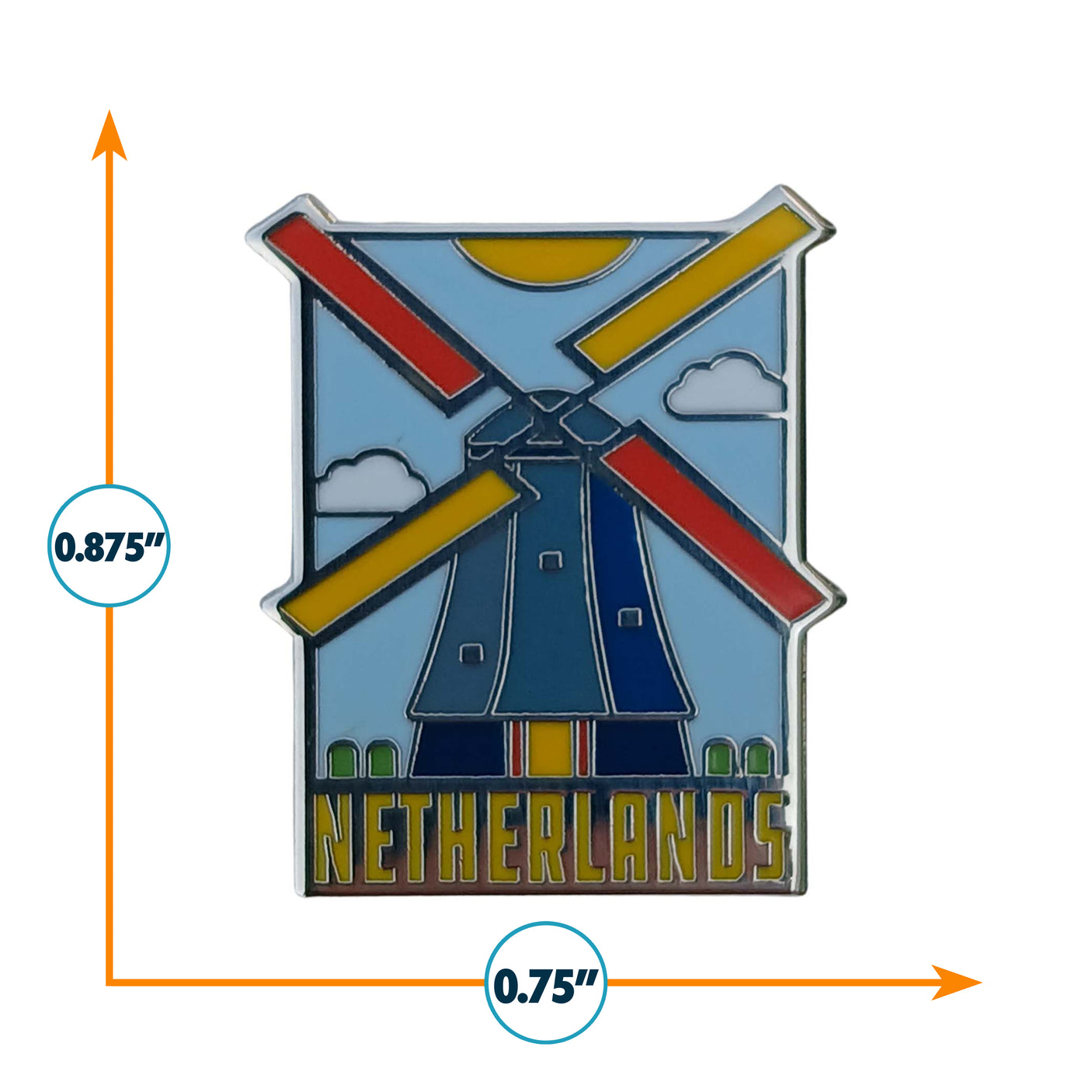 Netherlands enamel pin featuring a windmill, blue sky, and colorful accents, measuring 0.875 inches tall and 0.75 inches w...