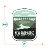 New River Gorge National Park sticker featuring a bridge over a river, with green and blue tones.