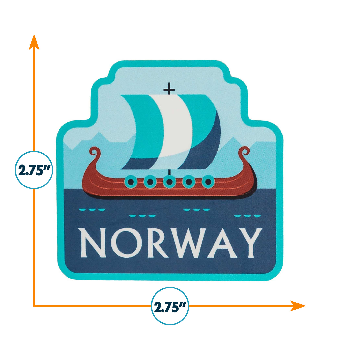 Norway sticker featuring a Viking ship, blue and white colors, with mountains in the background, measuring 2.75 inches.