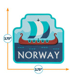 Norway sticker featuring a Viking ship, blue and white colors, with mountains in the background, measuring 2.75 inches.