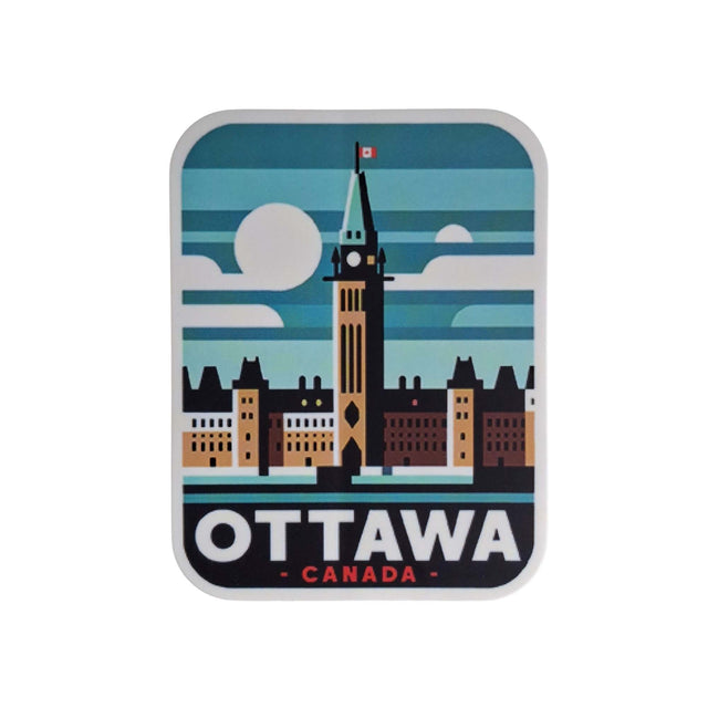 Ottawa sticker featuring the Parliament Hill tower with a blue and green background and the text "Ottawa Canada.