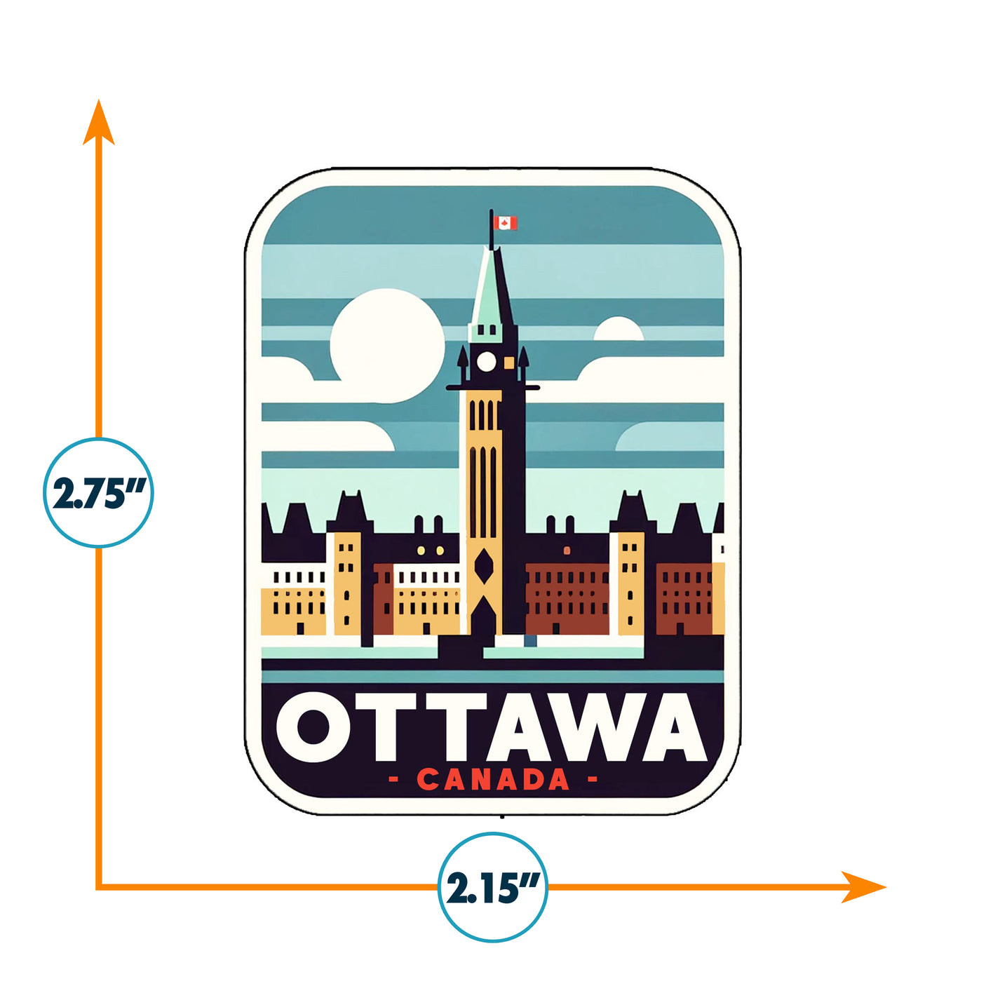 Ottawa sticker featuring the Parliament Hill tower with a Canadian flag, in a retro color palette.
