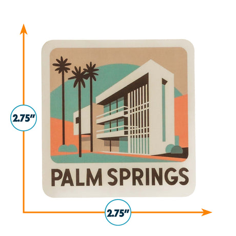 Palm Springs sticker featuring a modern building, palm trees, and a colorful background, measuring 2.75 inches square.