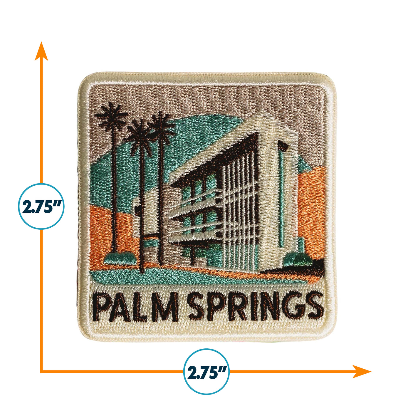 Palm Springs patch featuring a modern building and palm trees, measuring 2.75 inches by 2.75 inches.