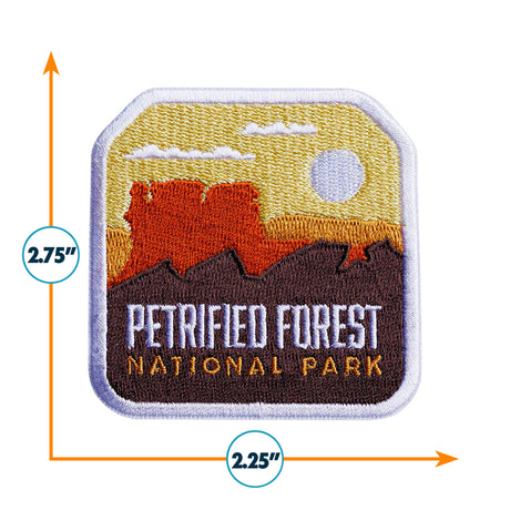 Embroidered patch of Petrified Forest National Park with scenic design and dimensions.