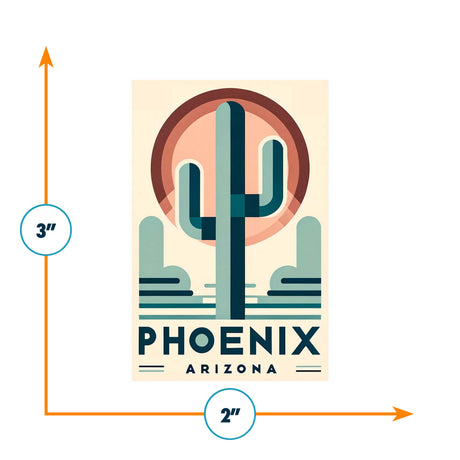 Phoenix sticker featuring a cactus design with a circular sunset background, measuring 2 inches by 3 inches.