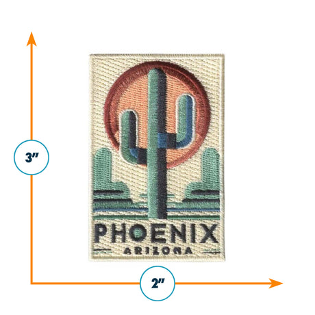 Phoenix patch featuring a cactus design with red and green colors, measuring 3 inches by 2 inches.